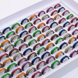 Bulk lots 50pcs Mixed Mens Band Rings Womens Colourful Cat Eye Stainless Steel Rings Width 7mm Sizes Assorted Whole Fashion Jew238p