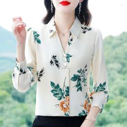 Women's Blouses M-4XL Fashion Silk Chiffon Blouse Shirt 2024 Autumn Women Clothing Turndown Collar Long Sleeve Floral Printed Tops