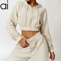 Al Yoga Suits Micro Jackets Cropped Sweatshirts+Sweatpants Thick Full Zip Up Hoodies Break Line Laidback Streetwear Jogger Sportswear Lantern Dance Pants 3D