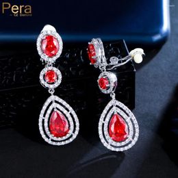 Backs Earrings Pera Brilliant Red Cubic Zirconia Long Water Drop No Pierced Ear Clip On Non Piercing Jewellery For Ladies E623