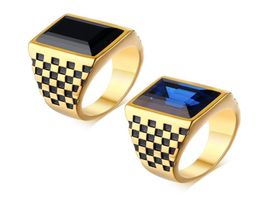 Mens Large Square Blue Black Stone Ring Stainless Steel Signet Ring with Checkerboard Design Male Aneis Masculinos Anillos6579775