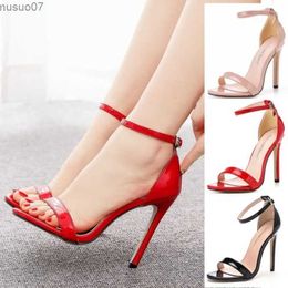 Sandals Women Pumps Sandals Wedding Neutral Buckle Strap PU 11CM Thin Heels Stage Performance Dance Female Dress Women Shoes WhiteL2402