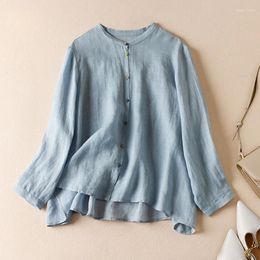 Women's Blouses Vintage Ladies' Shirts Summer 2024 Solid Loose O-neck Ladies Clothing Long Sleeve Cotton Linen Tops YCMYUNYAN