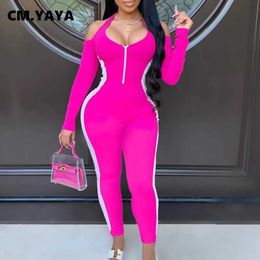 Women's Jumpsuits Rompers CM.YAYA Womens jumpsuit patch work hollow tight fitting jumpsuit womens fashion one piece set jogger sportswear autumn set J240224