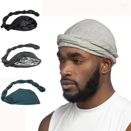 Berets Nation Elastic Men's Turban Hat Satin Lining Stretchy Men Bandana Cap Fashion Male Hip Hop Caps Headband Biker Headwrap