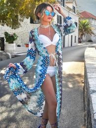 Women's Swimwear Sea Bikini Cover-ups Sexy See Through Long Sleeve Tunic Women Plus Size Summer Kimono Dress Beach Wear Swim Suit Cover Up