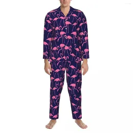 Men's Sleepwear Cute Birds Pajama Sets Pink And Navy Flamingo Lovely Man Long-Sleeve Casual Home 2 Piece Suit Plus Size 2XL