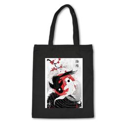 Shopping Bags Japanese Style Canvas Bag Cotton High Quality Black Unisex Handbag With Fish Print Custom Cloth Bolsas De Mano204n