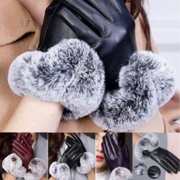 Winter Women Touch Screen Elegant Soft Black Leather Gloves Warm Fur Mittens241v