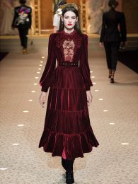 Luxury Ladies New Autumn High Quality Fashion Party Black Wine Red Pleated Velvet Embroidery Hollow Out Long Dresses For Women