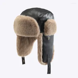 Berets 2024 Winter Warm Hat For Men Russian Wind Proof Ear Protection Bomber Fur Hats Women Ski Mask Leather