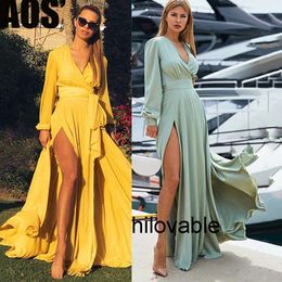 No logo fashions hilovable New Womens Deep V-Neck Spliced Split Flare Long Dress Solid Colour Fashion Yellow Dress