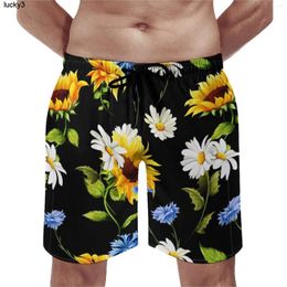Mens Shorts Summer Board Yellow Sunflower Sports White Blue Flowers Print Beach Cute Comfortable Swimming Trunks Large Size