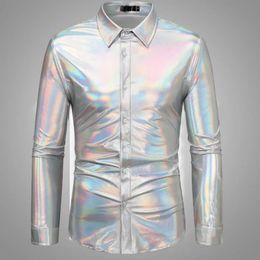 Lapel Long Sleeve Shirt Sequin Disco Shirt for Men Shiny Golden Long Sleeve Party Costume with Lapel Button Down for Christmas 240223