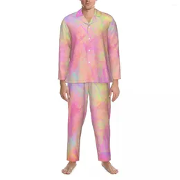 Men's Sleepwear Multi Neon Paint Pajamas Set Tie Dye Print Lovely Men Long-Sleeve Casual Loose Daily 2 Pieces Nightwear Plus Size