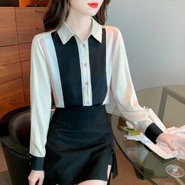 Women's Blouses Summer Women Chiffon Lapel Long Sleeve Shirt Stitching Casual Fashion Lady Loose