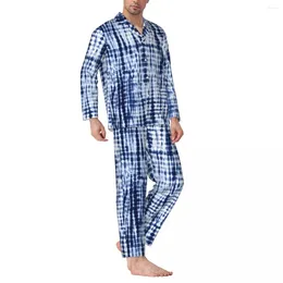 Men's Sleepwear Blue Tie Dye Pyjama Set Artistic Vintage Print Cute Men Long Sleeve Aesthetic Sleep 2 Piece Nightwear Plus Size