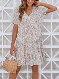 Casual Dresses 2024 Summer Floral Dress Women Viscose Loose V Neck Midi Party Ladies Short Sleeve A-line Print Flower Ruffle XXL