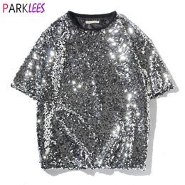 Mens Shiny Silver Sequin Tshirt 70s Disco Costume Sparkle Party Short Sleeve T-shirt Men Giltter Round Neck Streetwear Camiseta 240223