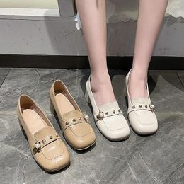 Dress Shoes 2024 French Square Toe High Heels Slip On Thick Mary Janes Elegant Pearl Leather For Women Casual Pumps Mujer