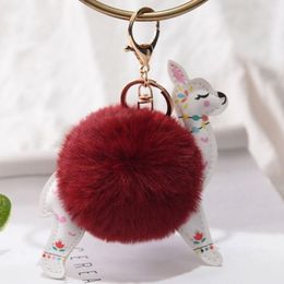 Cute Alpaca Hair Ball Floral PU Key Ring Pendant Plush Toy Key Ring Ladies Car Keychain Christmas Birthday Gift310G