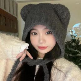 Berets Cute Bear Ear Warm Beanie Cap For Women Ladies Winter Solid Soft Plush Knit Pullover Girls Outdoor Windproof Bonnet Hat