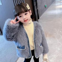 Jackets Winter Warm Clothes For Girls Wool Coat Toddler Baby Kids Girl Fur Outwear With Pearls Fleece Faux Children V09