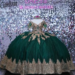 Emerald Green Off The Shoulder Crystal Beading Tassel Ball Gown Quinceanera Dresses Gold Appliques Lace Bow Vestidos De 15 Anos