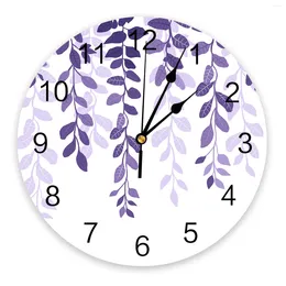 Wall Clocks Leaf Plants Country Style Purple Gradient Printed Clock Modern Silent Living Room Home Decor Hanging Watch