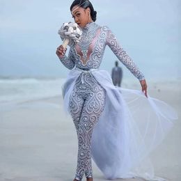 Plus Size Dress Jumpsuits Wedding Dresses With Detachable Train High Neck Long Sleeves African Beaded Bridal Gowns Es