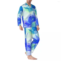 Men's Sleepwear Abstract Geometry Pajama Sets Northern Lights Print Romantic Man Long Sleeve Retro Daily 2 Pieces Nightwear Plus Size