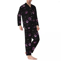 Men's Sleepwear Pink Dog Paws Pyjama Set Spring Animal Foots Print Warm Room Men 2 Piece Aesthetic Oversized Custom Nightwear Gift