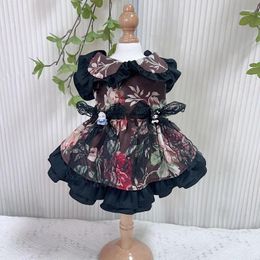 Dog Apparel Flower Print Black Princess Dress For Small Medium Dogs Autumn Retro Fashion Pet Clothes Chihuahua Puppy Outfits Skirts 2024