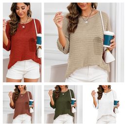2024 여름 새로운 순수한 컬러 짧은 소매 패션 니트 티셔츠 여성 느슨한 둥근 목 넓은 니트 스웨터