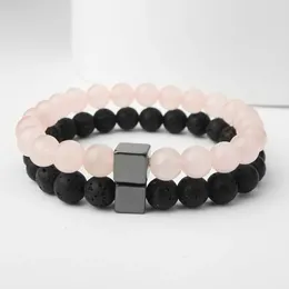 Charm Bracelets 2PCS/SET Beads Set Bracelet Couples Distance Black Pink Natural Stone Beaded Yoga For Men Women Elastic Jewelry