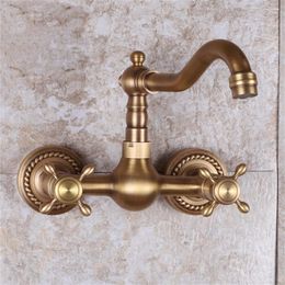 Bathroom Sink Faucets Wall Mounted Double Cross Handles Lavatory Basin Mixing Faucet Solid Brass Antique For