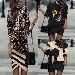 Designer women's long-sleeved high-necked printed irregular dress 2024 spring, autumn and winter clothing Asian size S-3XL