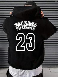 Men's Hoodies Miami 23 Art Hollow Letter Print Hoodie Men Fleece Warm Hoody Trendy Casual Clothes Autumn Hip Hop Sportswear Street Pocket