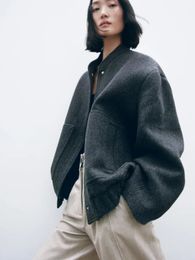 RR2311 wool blends bombers jackets oversized With Button Solid Long Sleeve Top Coat Casual Loose Winter Warm Woman traf Jackets 240219