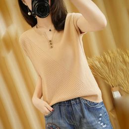 Womens T-shirt Summer 100% Cotton Knitted Short Sleeve Casual Solid Tees Loose V-neck Tops Button Ladies Blouse 240219