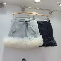 Skirts Spring Summer Drawstring Elastic Waist Multi Layer Mesh Ruffles Splice Skirt A-Line Gauze Pleated Shorts Pockets Sport Dress