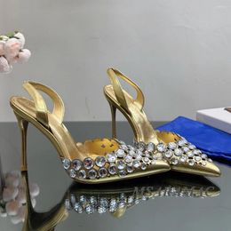 Dress Shoes Sexy Gold Pointed Toe Crystal Inlaid High-heel Wedding Summer Women's Back Strap Sandals