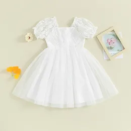 Girl Dresses 2-5Y Kids Girls Princess Lace Dress Puff Short Sleeve Floral A-line Tulle Children Casual Clothes