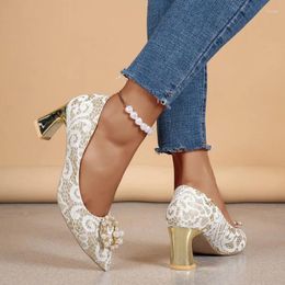 Dress Shoes Women Crystal Beaded 2024 Spring High Heels Chunky Femme Fashion Luxury Elegant Shallow Zapatos Pumps