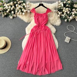 Casual Dresses French SsTss Women Elegant Summer Dress Sexy Lace-up Square Collar Sleeveless High Waist A Line See Through Mesh Party