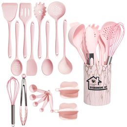 Pink 18Pcs Food Grade Silicone Kitchen Cookware Utensils Turner Spatula Measuring Spoon Practical Cooking Tool Kitchenware Set 240219