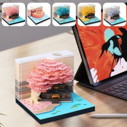 Artistic Block 3D Notepad Sakura Creative Memo Pad Art Note Pads with LED Lights DIY Carving for Home Decoration Gift 240220