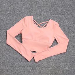 Active Shirts Spring Long Sleeve Pilates Training Top Hollow Beauty Back Yoga Shirt With Chest Pad Quick Dry Solid Color Short Dance T-shirt