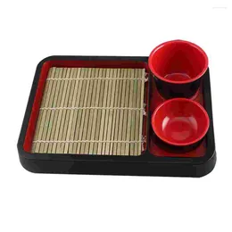 Dinnerware Sets Japanese Cold Noodle Plate Drink Container With Bamboo Mat Decorative Tray Style Noodles Snack Tableware Melamine