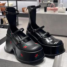 Sandals Muffin Platform Thick Heel Printed Round Head Mary Jane Shoes Women 2024 Early Spring Buckle A Line With High